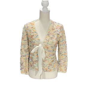 Handmade Vintage Fuzzy Knit Short V Neck Cardigan Sweater Long Sleeve Tie Front